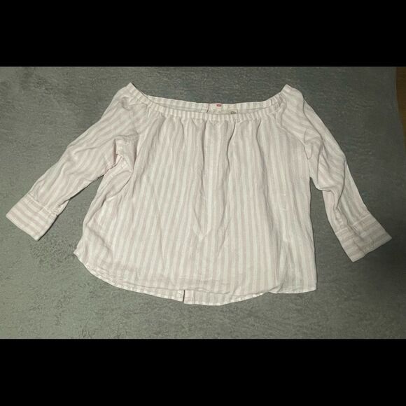 Levi's Tops - Levi’s linen blend off shoulder back button top size XL pink & white stripe EUC